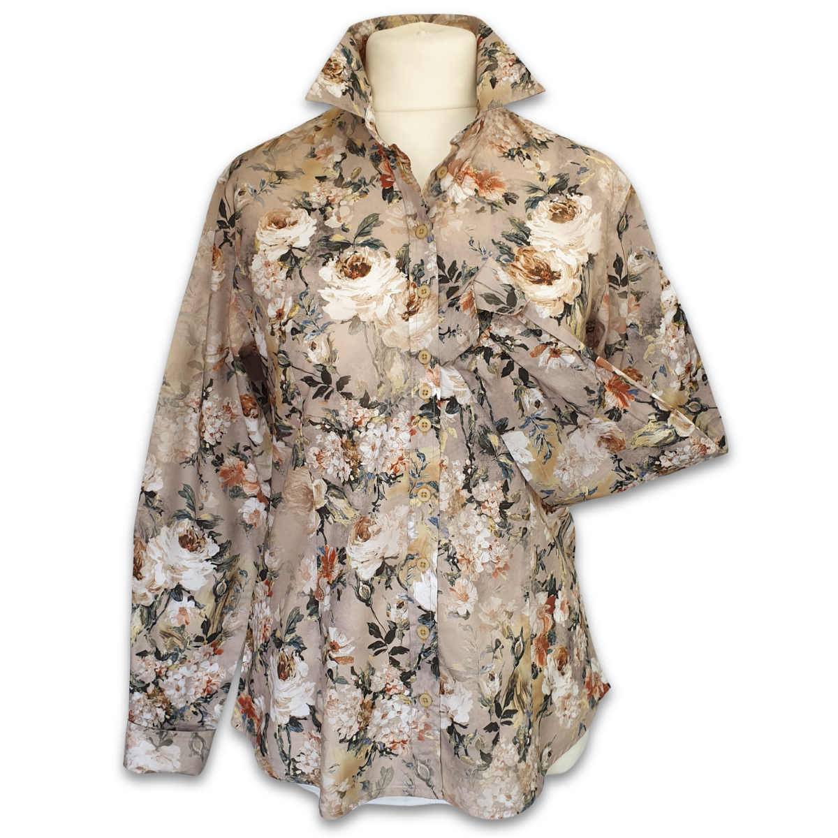 Salamander Shirts Ltd - Grenouille Ladies Taupe & White Floral Print Cotton Shirt: 40