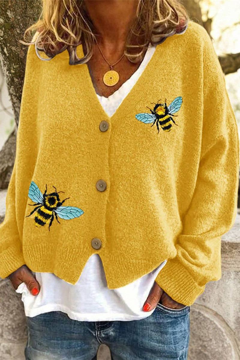 Mccolin - Bee Embellished Button-Up Cardigan: BLACK / L