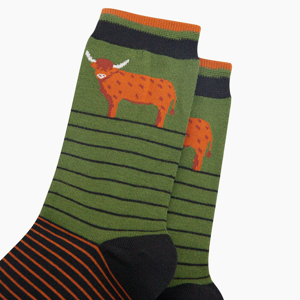 Sock Talk - Highland Cow Striped Bamboo Socks in Green: UK 7-11 | EU 40.5 -46 | US 8-12