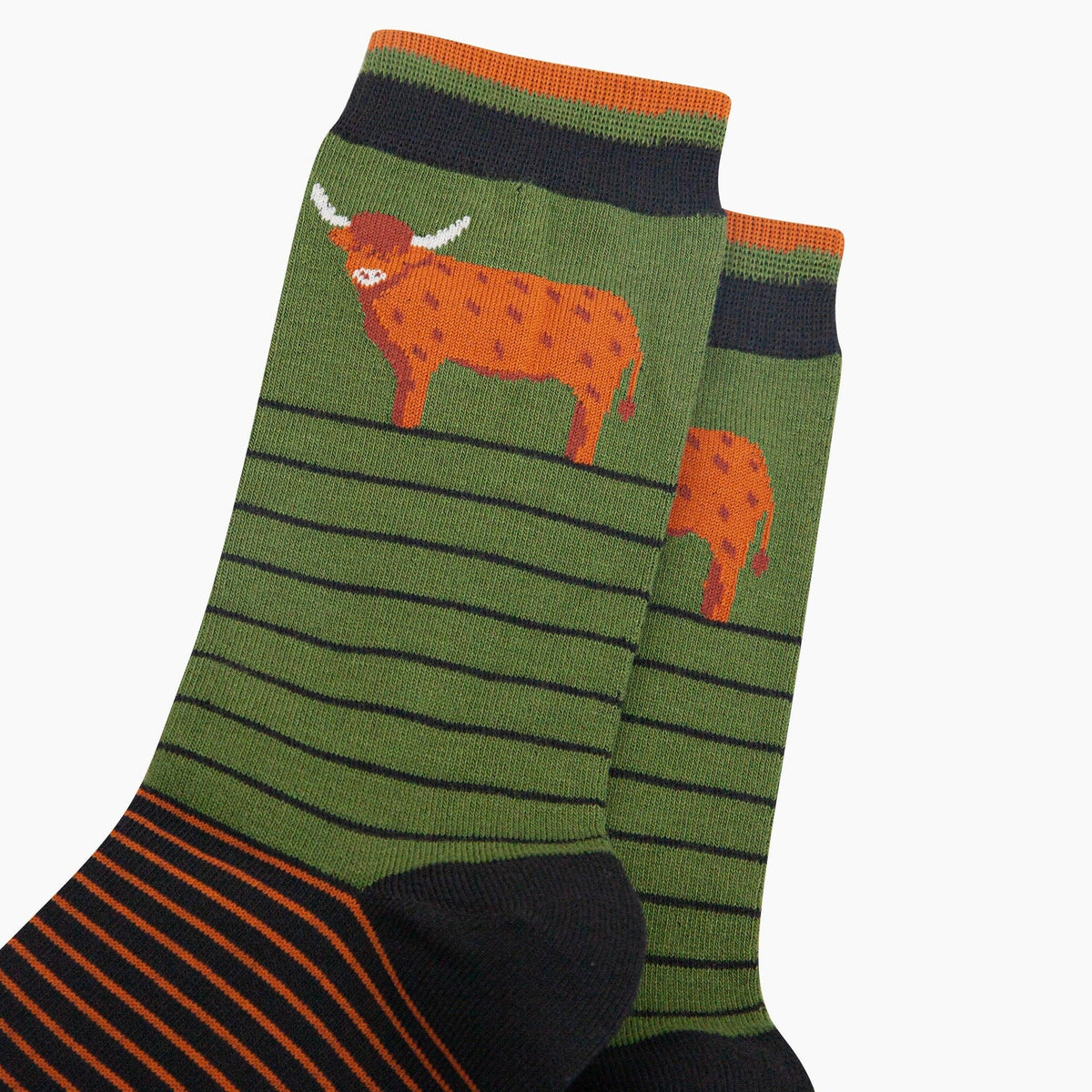 Sock Talk - Highland Cow Striped Bamboo Socks in Green: UK 7-11 | EU 40.5 -46 | US 8-12