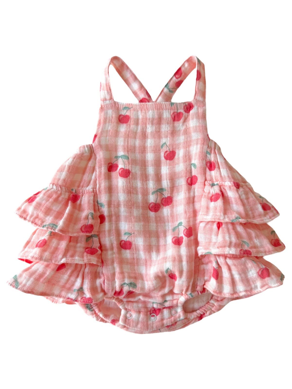Gingham Cherries / Muslin Ruffle Sunsuit: 3-6M