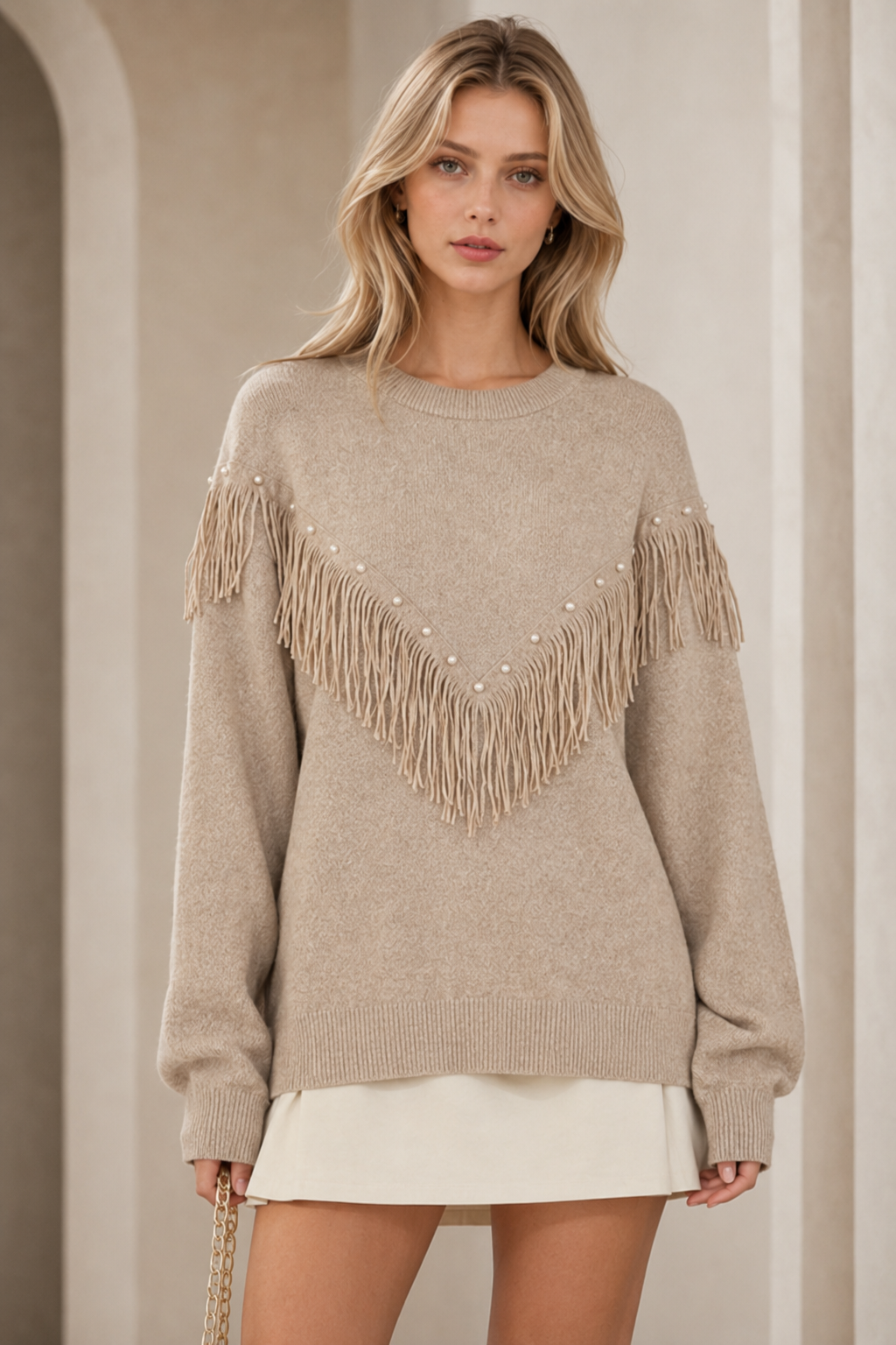 Lucy Sparks - Pearl & Fringe Detail Knit Jumper: Green