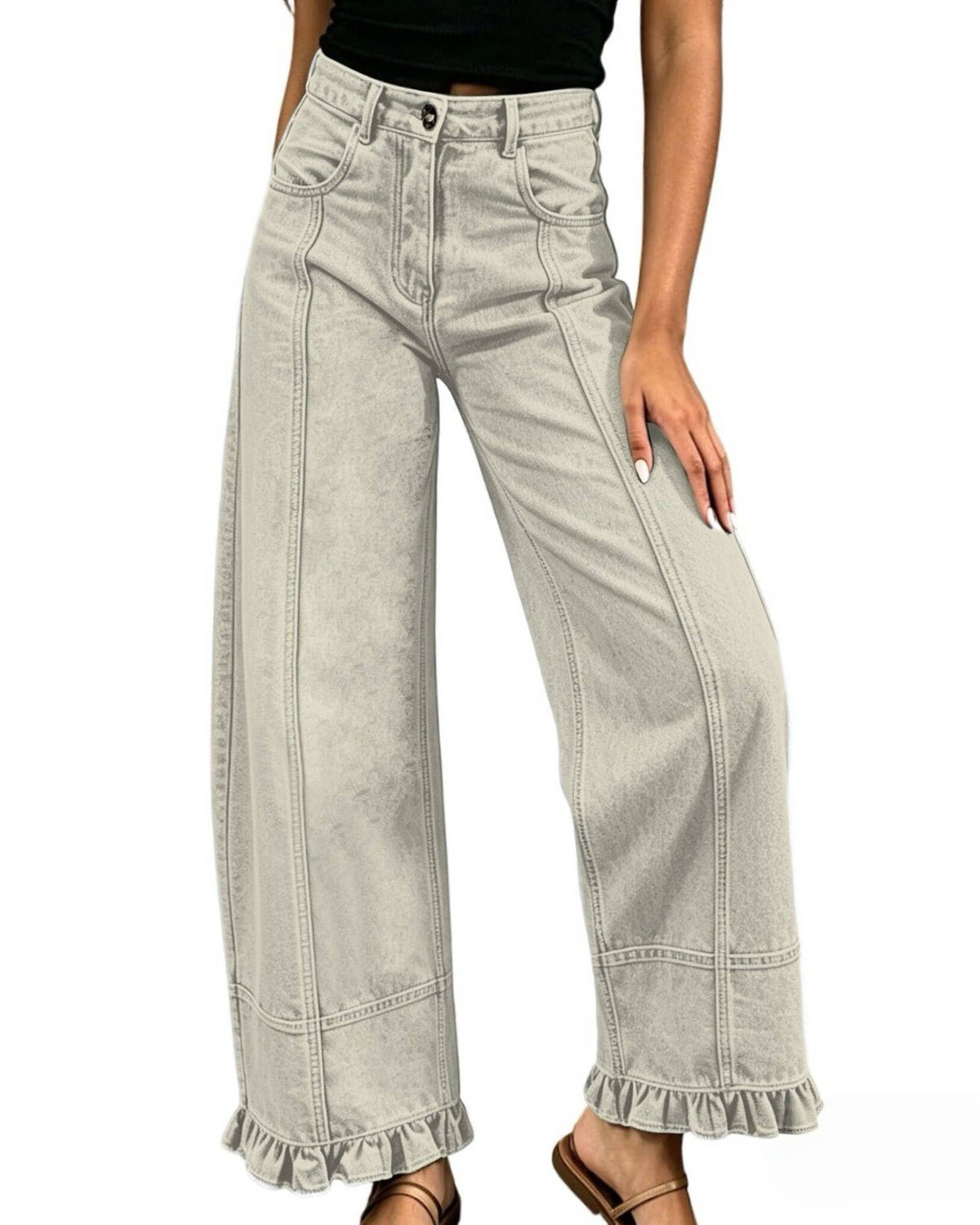 Rosa Clothing - Vintage Patchwork Seam Ruffle Hem Baggy Wide Leg Jeans: E / XXXL