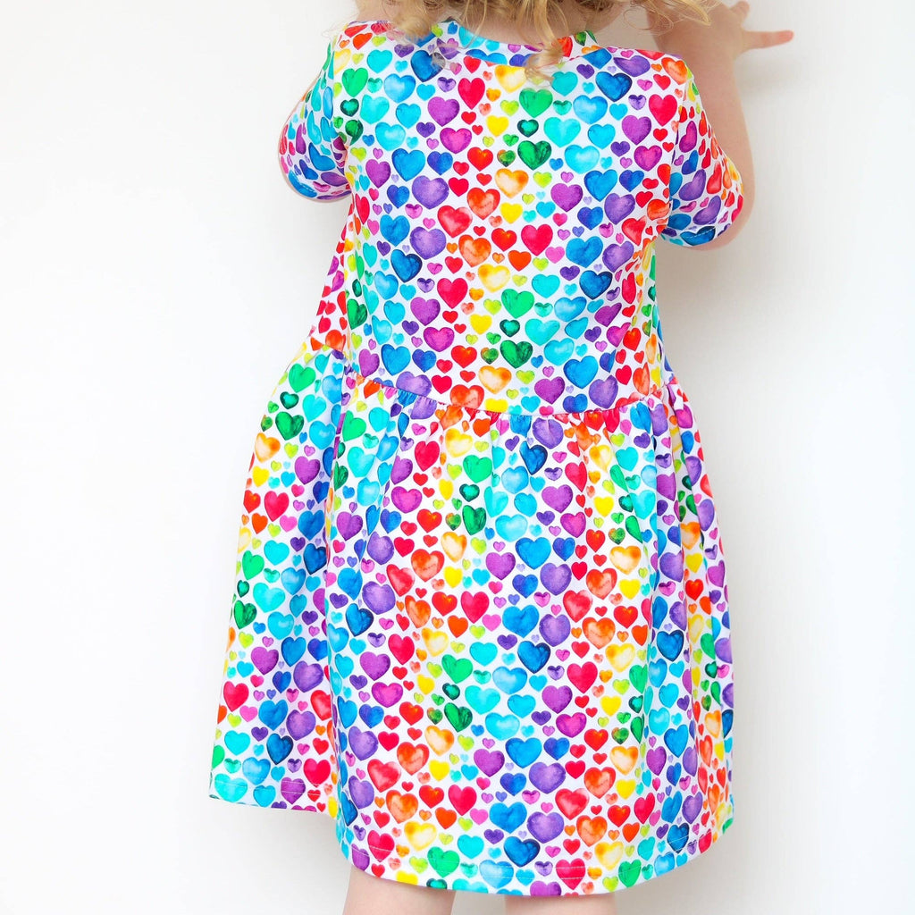 Girls Short Sleeve Cotton Dress -  Rainbow Hearts: 3-4 Y
