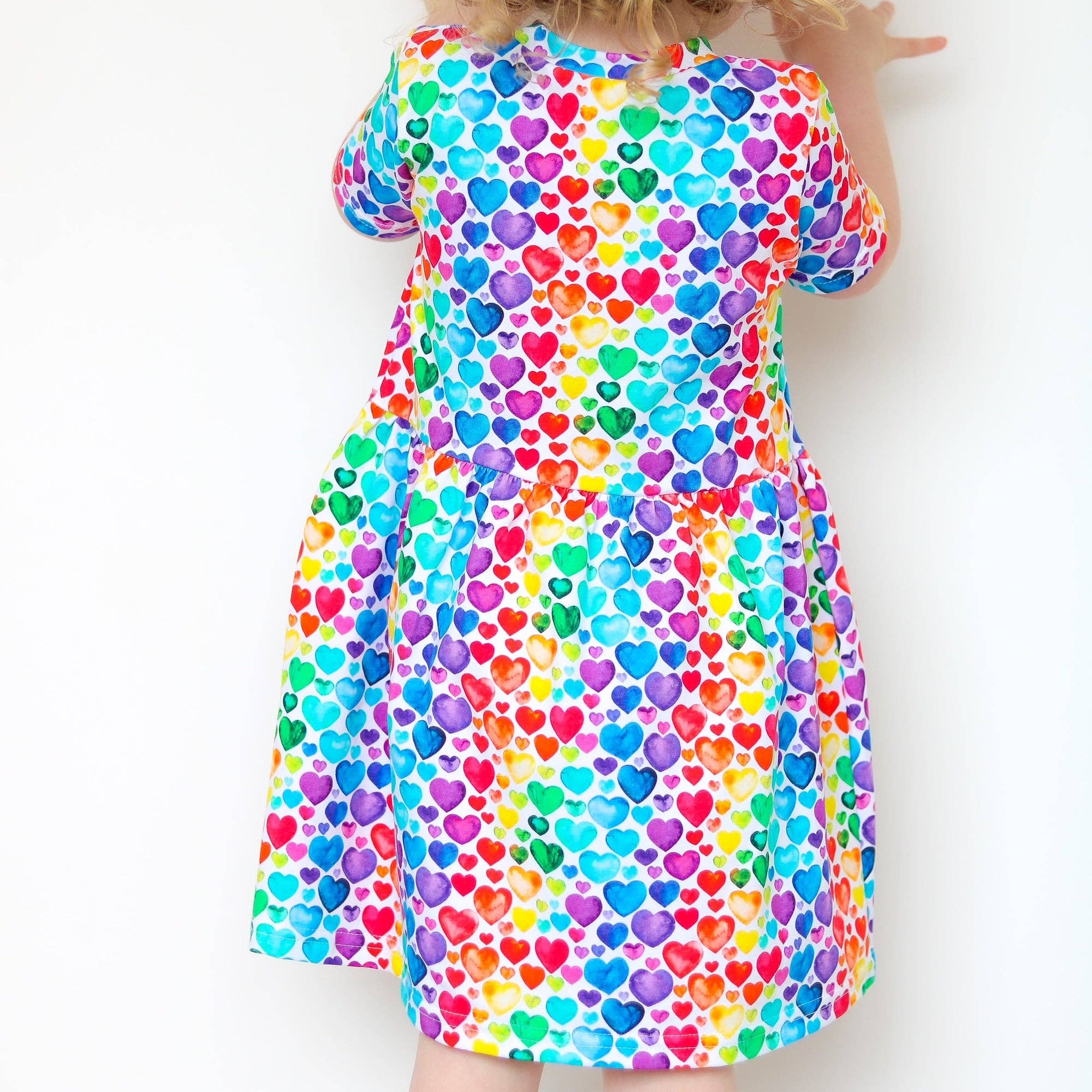 Girls Short Sleeve Cotton Dress -  Rainbow Hearts: 3-4 Y