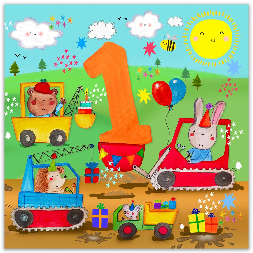 Twizler Ltd - Age 1 Boys Birthday Card - 1st - Diggers