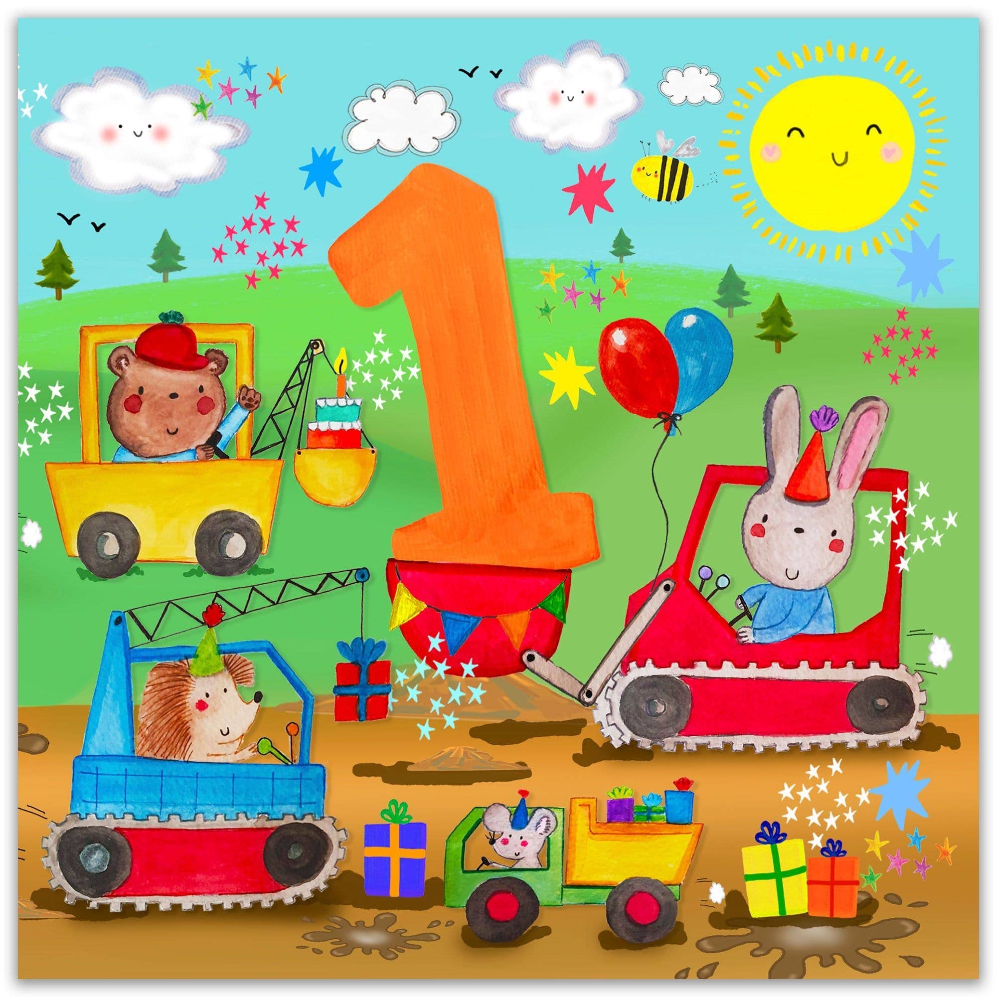Twizler Ltd - Age 1 Boys Birthday Card - 1st - Diggers