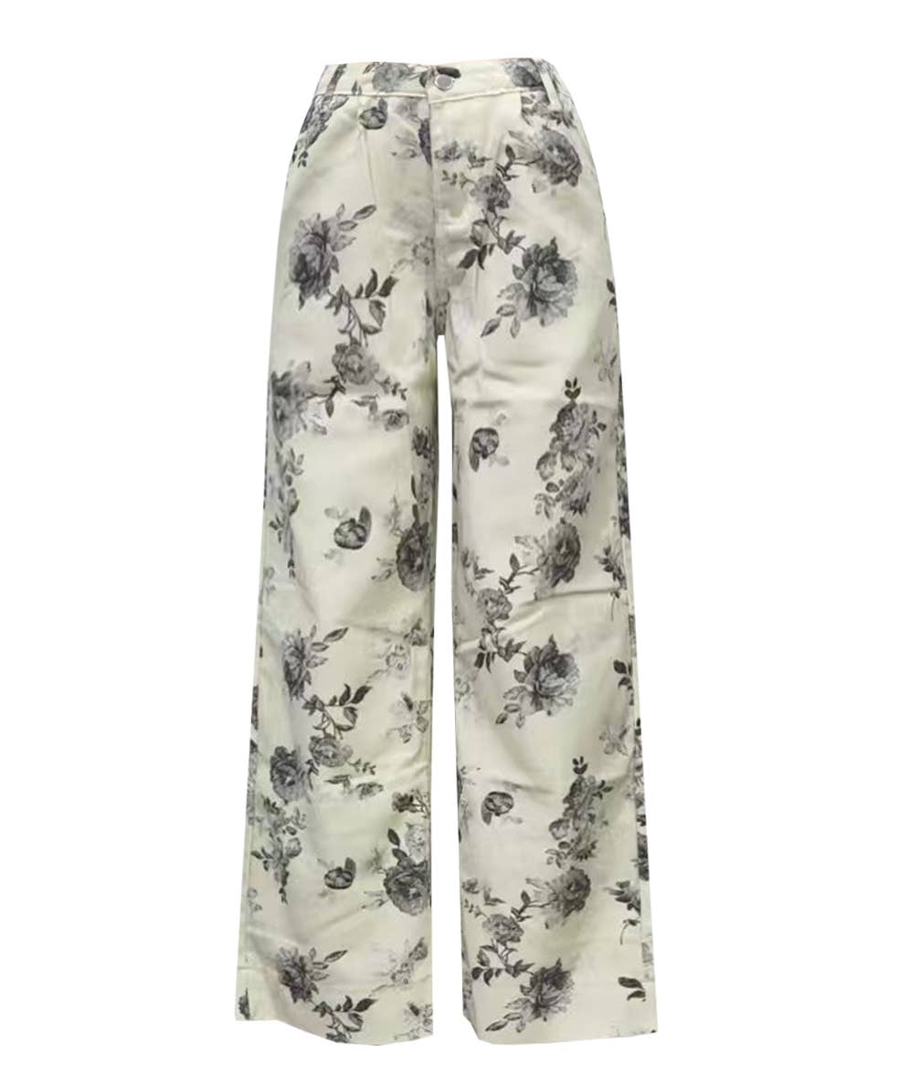 Rosa Clothing - Women Vintage Floral Print Wide Leg Jeans Boho Street Wear: Coffee / XXL