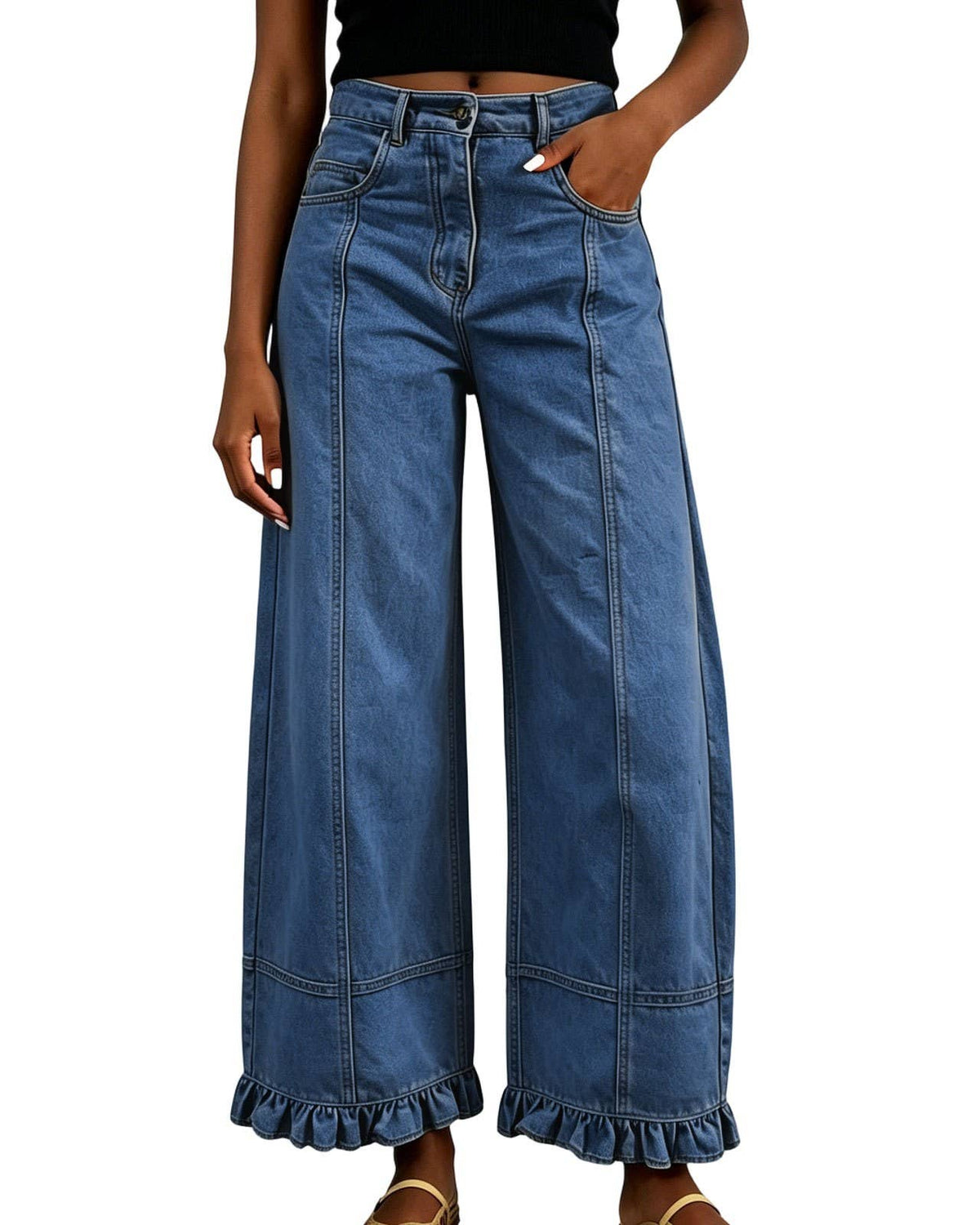 Rosa Clothing - Vintage Patchwork Seam Ruffle Hem Baggy Wide Leg Jeans: E / L