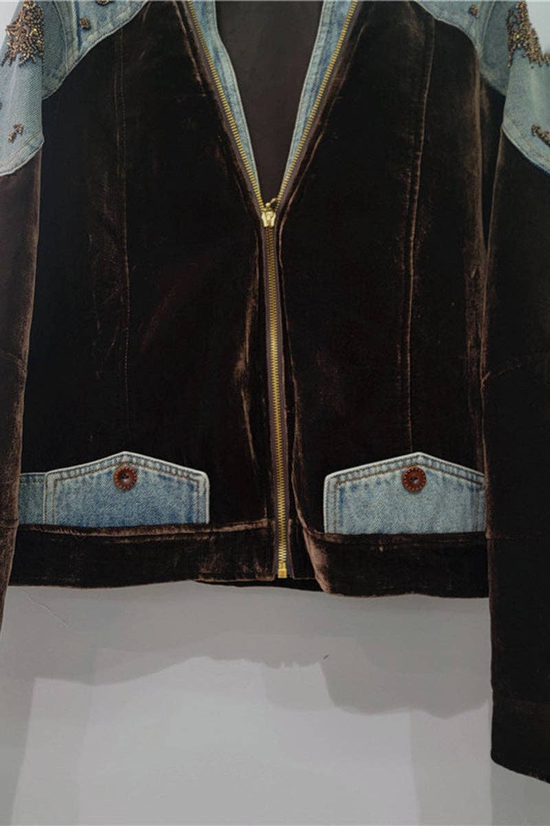 Mccolin - Embellished Denim Patch Velvet Jacket: COFFEE / One Size