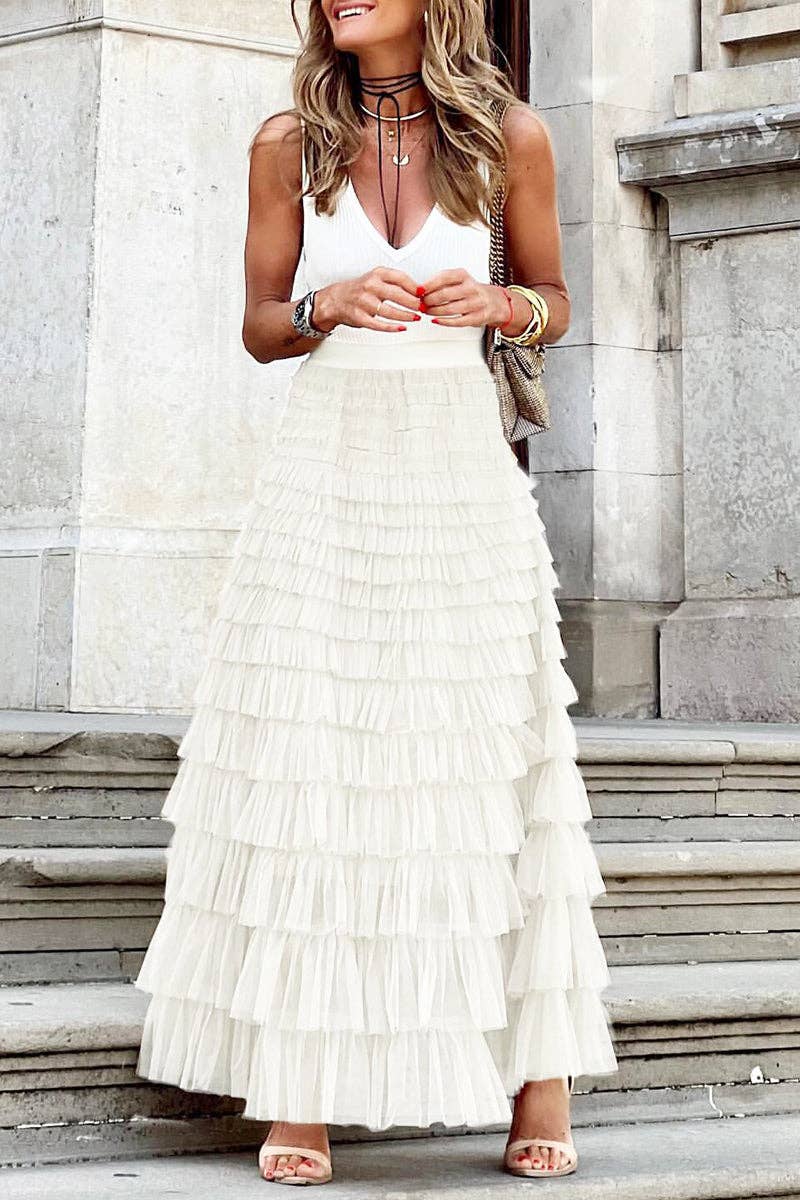Mccolin - Layered Ruffle Maxi Skirt: KHAKI / S