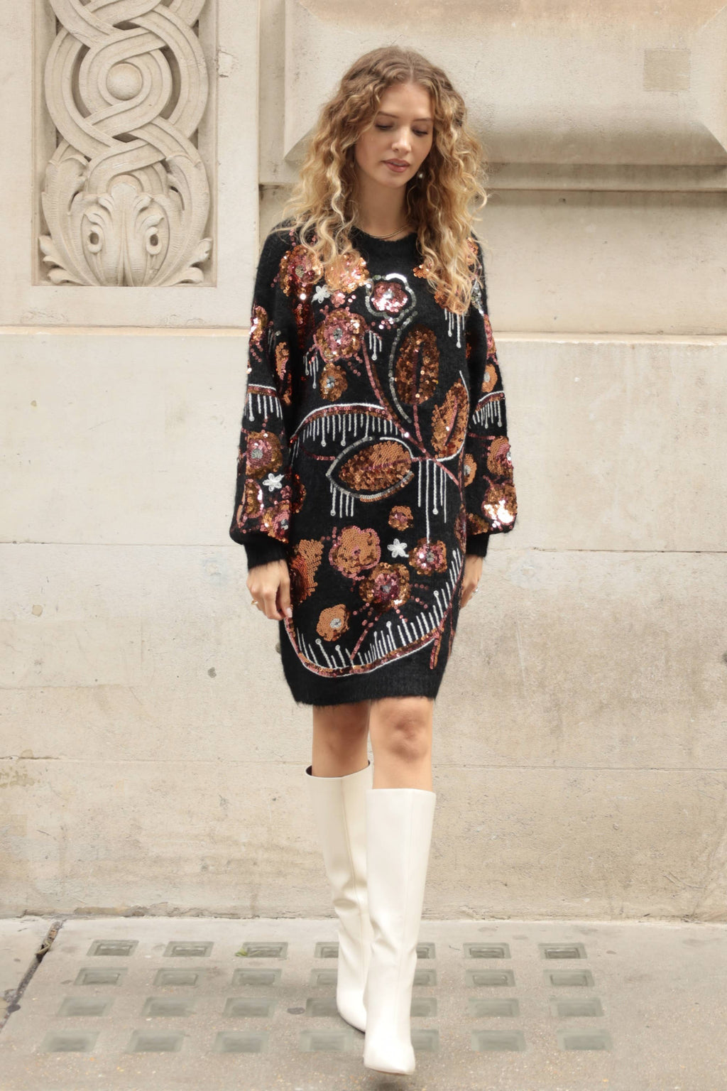 CY FASHION. LONDON - Floral Pattern Sequin Jumper Dress In Black