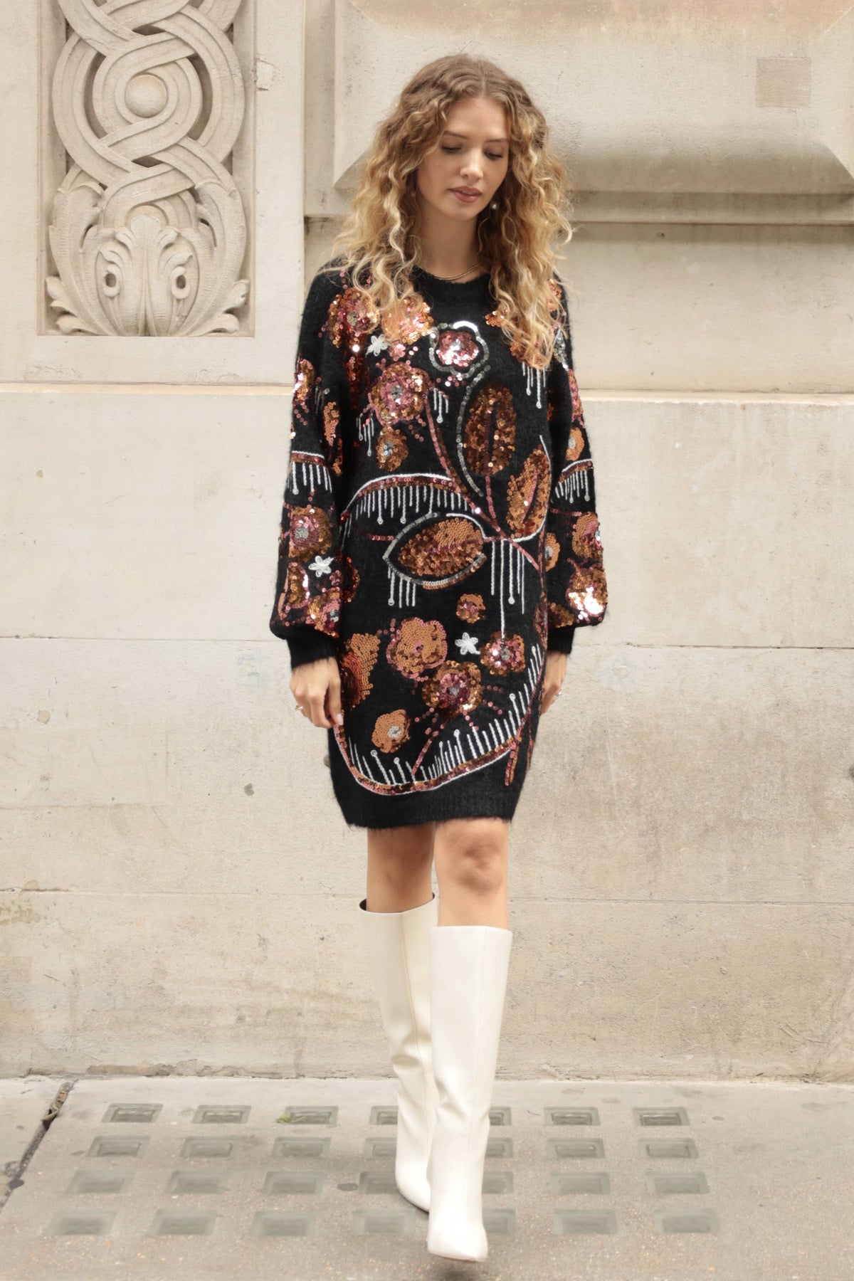 CY FASHION. LONDON - Floral Pattern Sequin Jumper Dress In Black