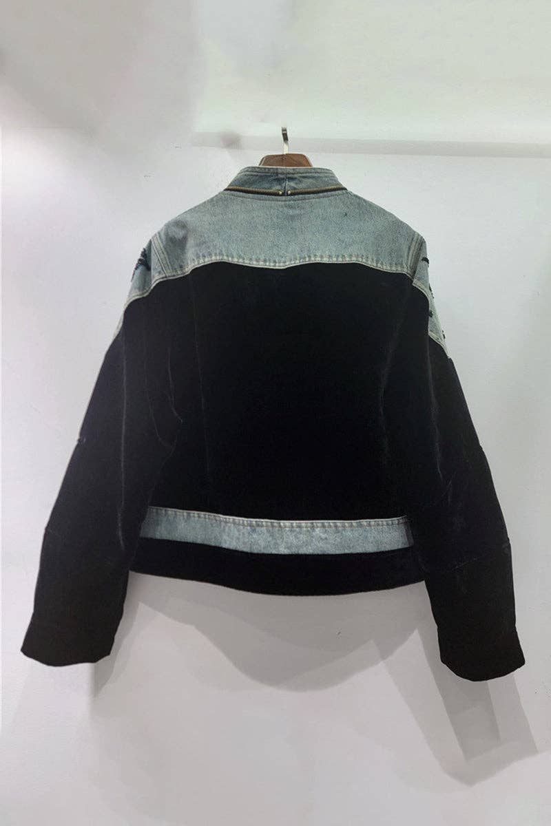 Mccolin - Embellished Denim Patch Velvet Jacket: COFFEE / One Size