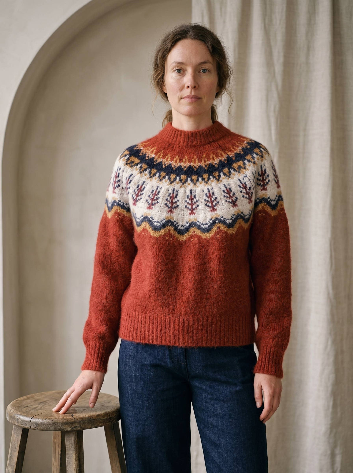 Artisans of Humanity - Cashmere Blend Nordic Fair Isle Yoke Jumper | Rust Red