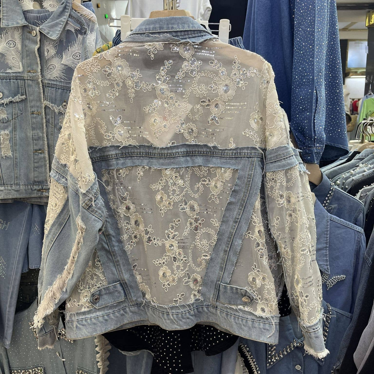 Rosa Clothing - Sheer Sequin Floral Embellished Oversized Denim Jacket: Blue / L