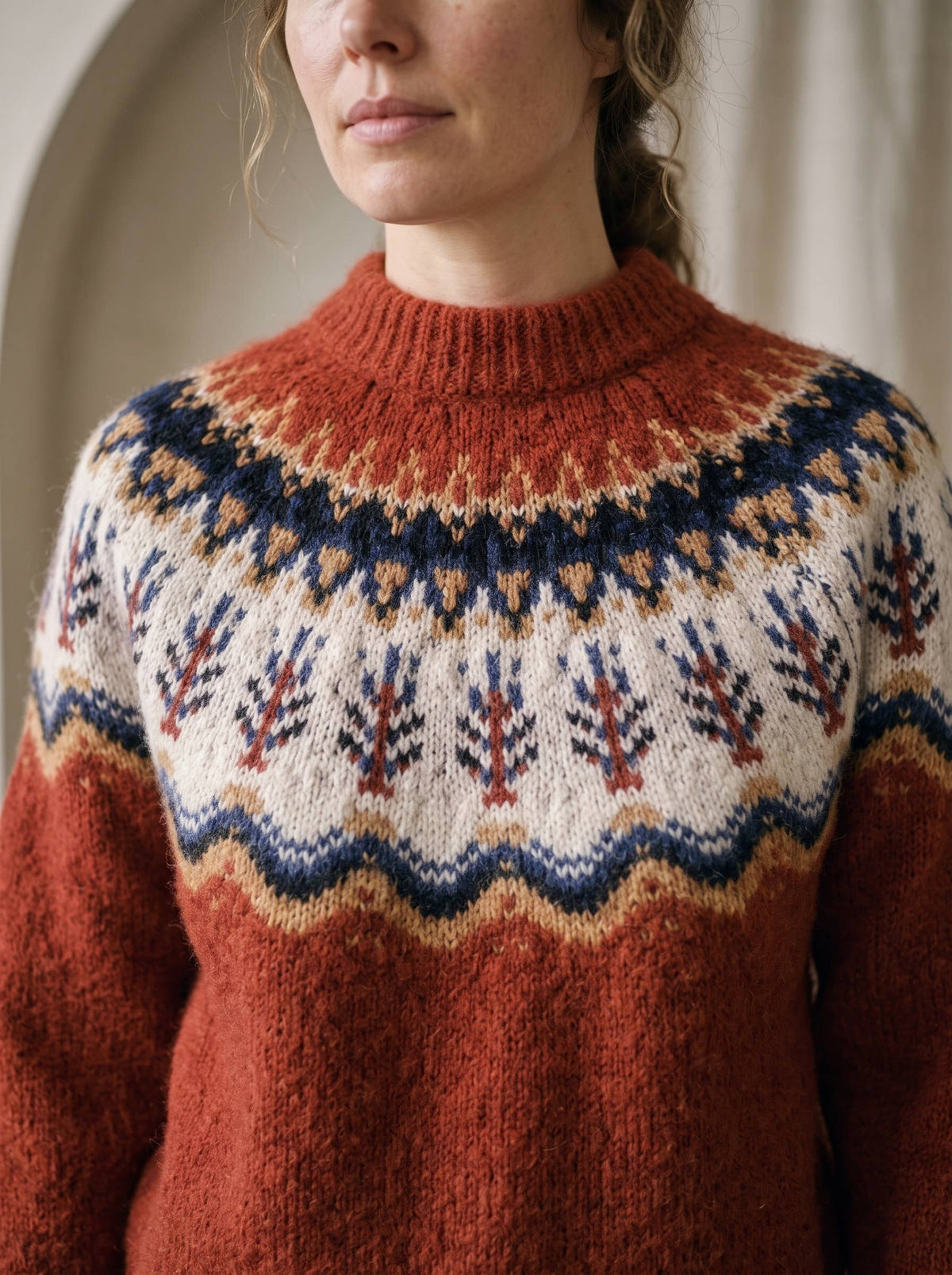 Artisans of Humanity - Cashmere Blend Nordic Fair Isle Yoke Jumper | Rust Red