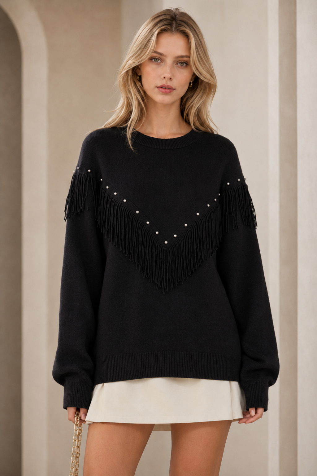 Lucy Sparks - Pearl & Fringe Detail Knit Jumper: Green