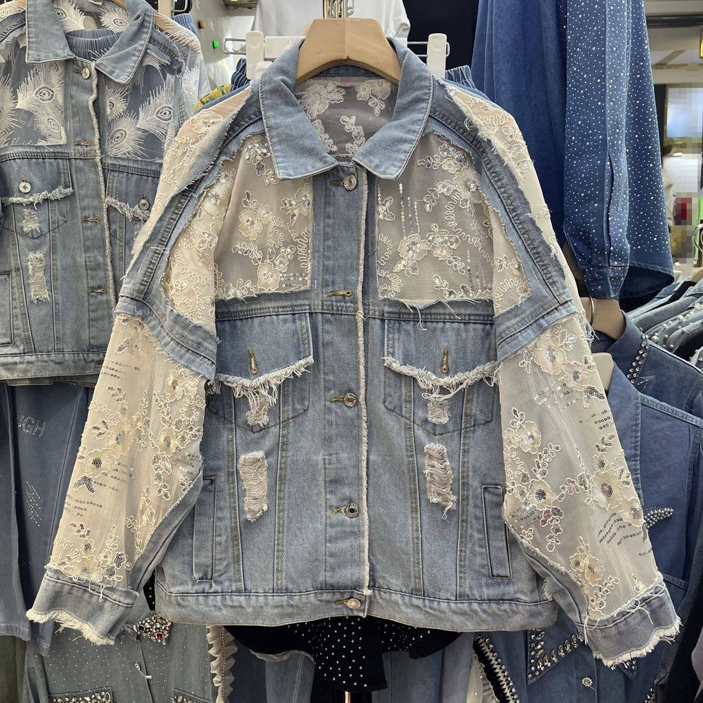 Rosa Clothing - Sheer Sequin Floral Embellished Oversized Denim Jacket: Blue / M