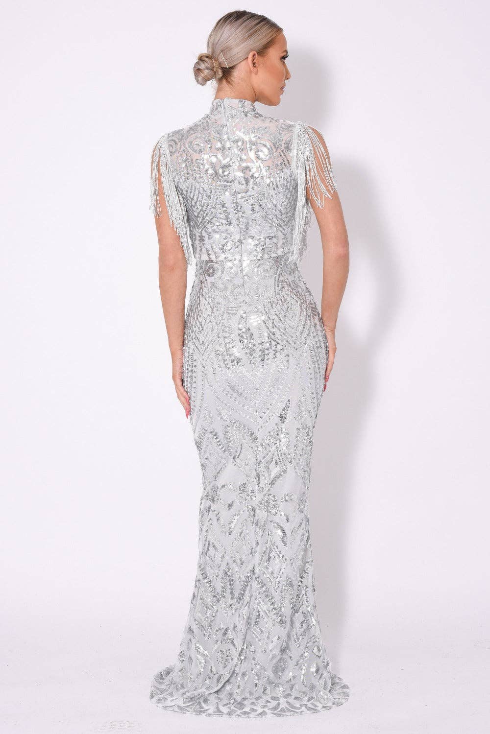 Nazz Collection Clothing Ltd - Magic Vip Silver Luxe Tassel Fringe Sequin Embellished Illusion Maxi Dress: 12