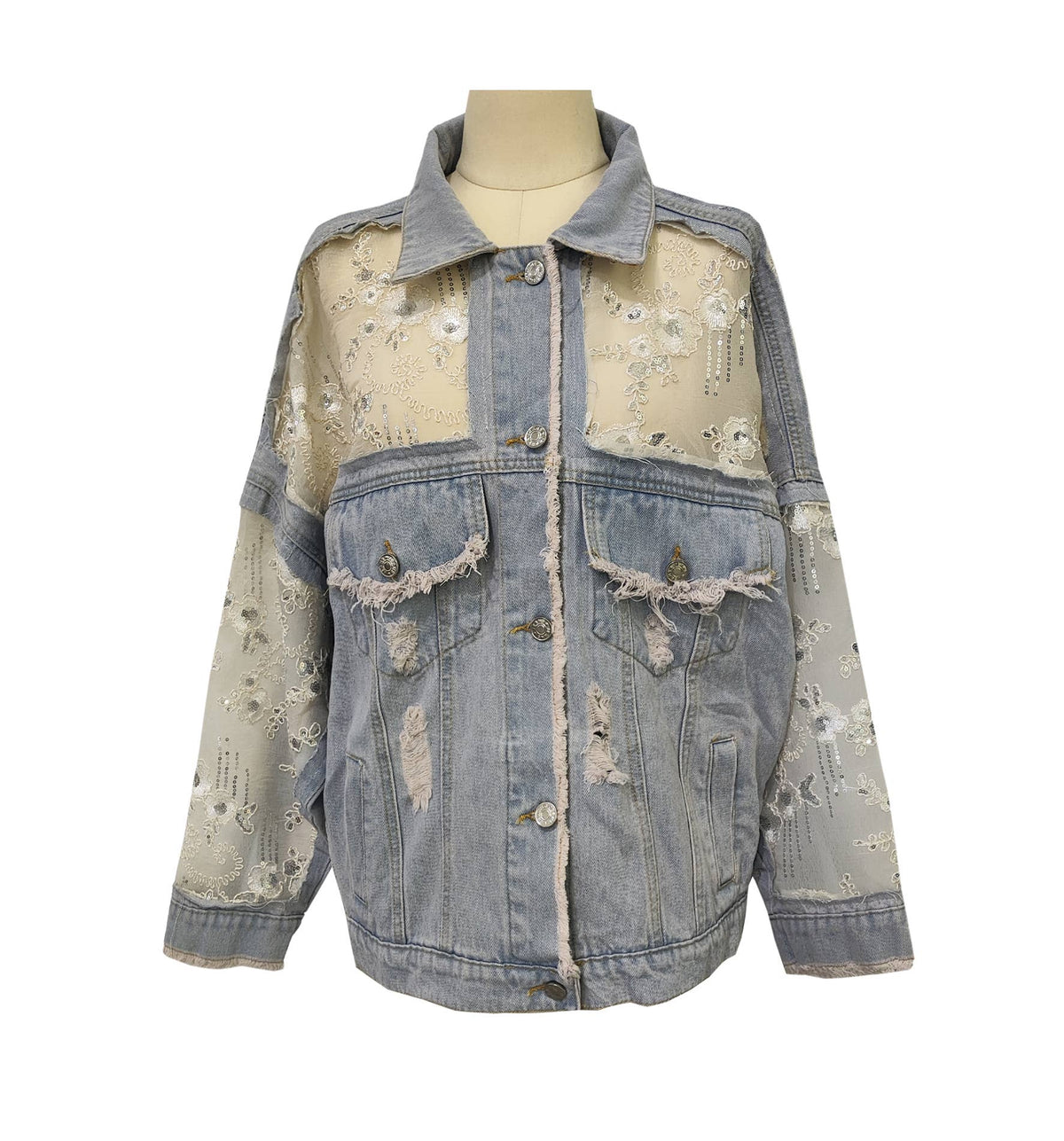 Rosa Clothing - Sheer Sequin Floral Embellished Oversized Denim Jacket: Blue / M