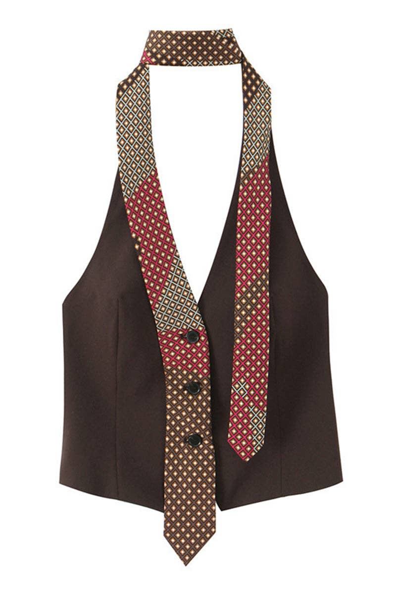 Mccolin - Halter Neck Vest Top with Tie Detail: BROWN / S