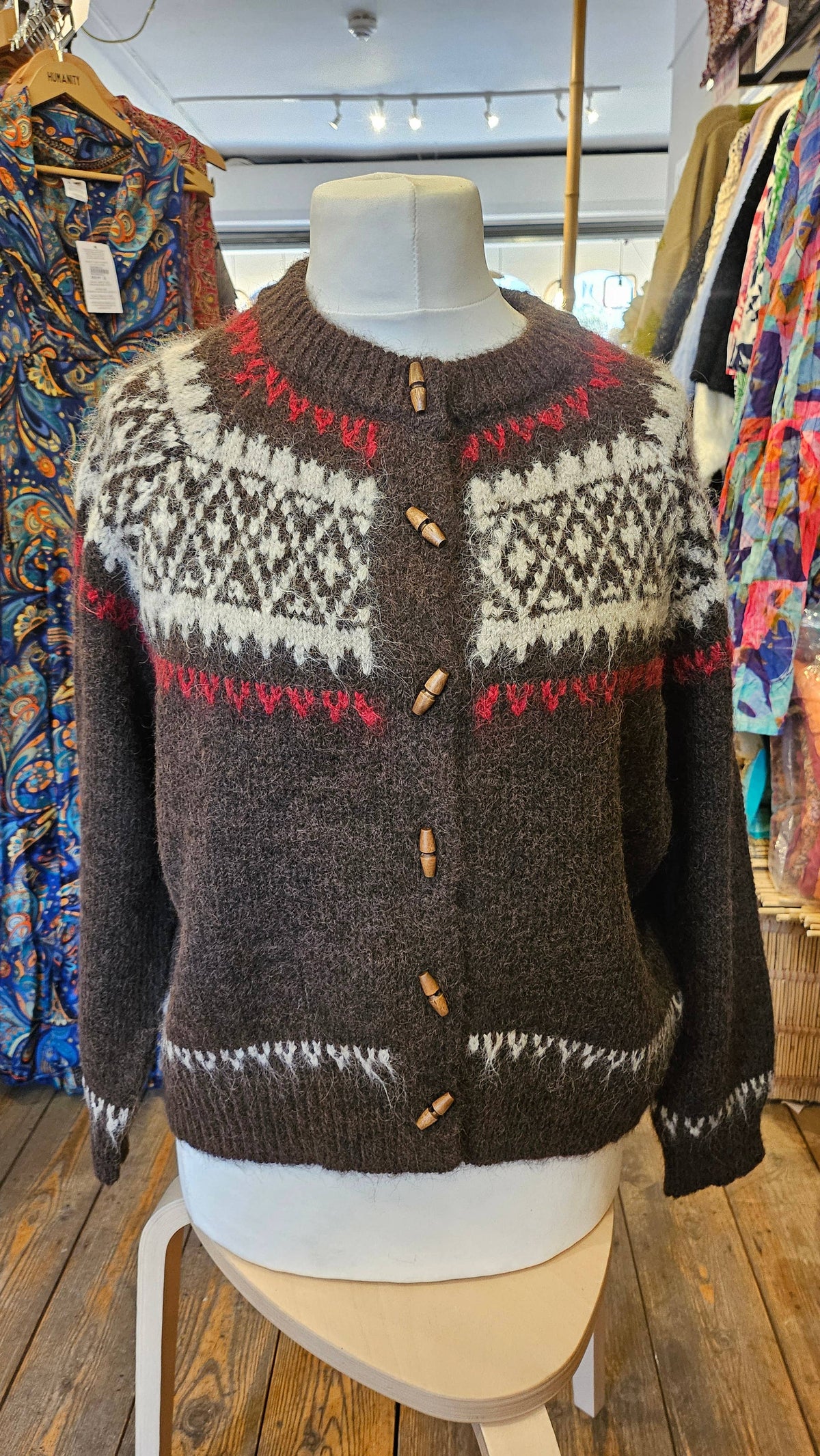 Artisans of Humanity - Cashmere Blend Fair Isle Toggle Cardigan | Chocolate Brown |