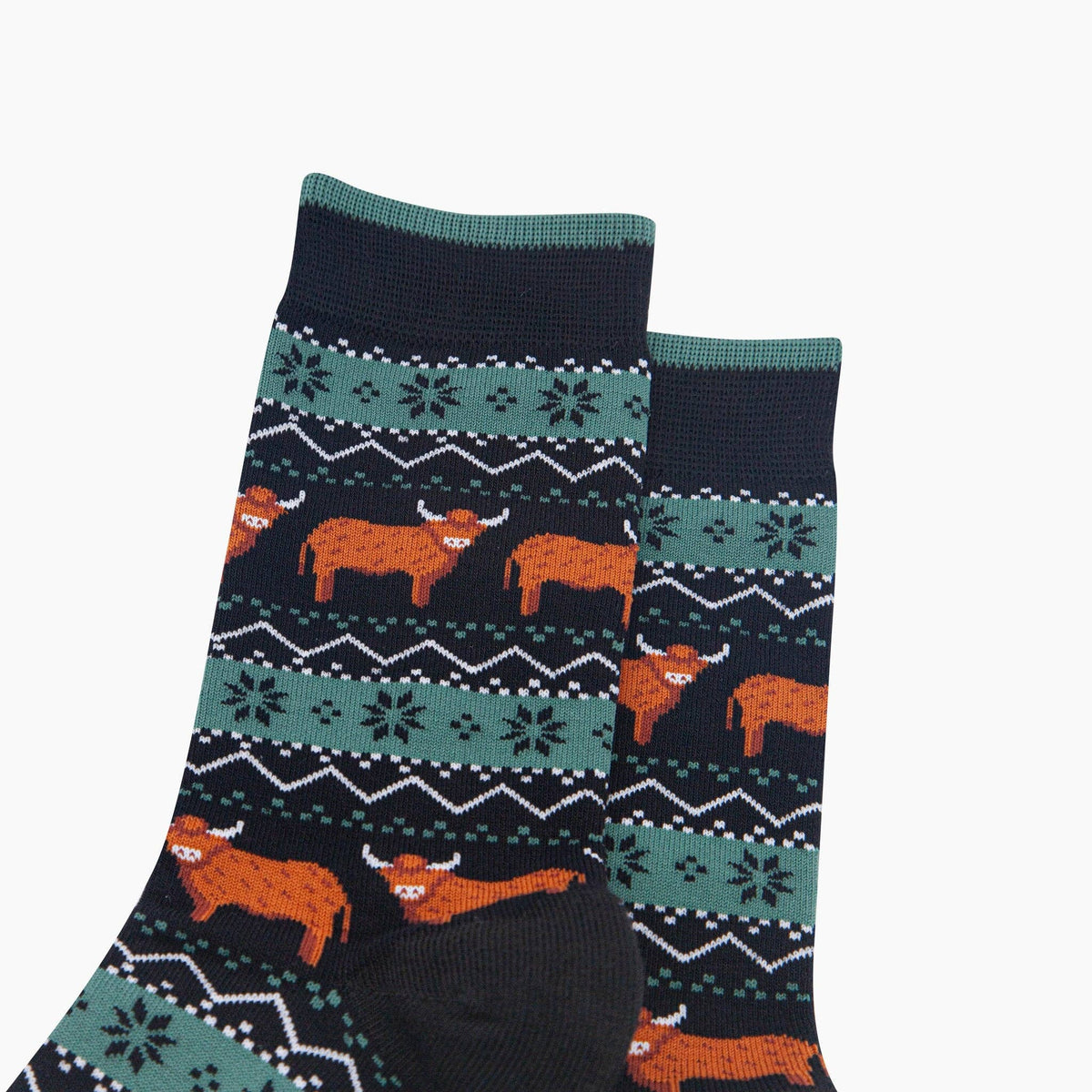 Sock Talk - Highland Cow Fair Isle Men's Bamboo Socks in Black/Green: UK 7-11 | EU 40.5-46 | US 8-12