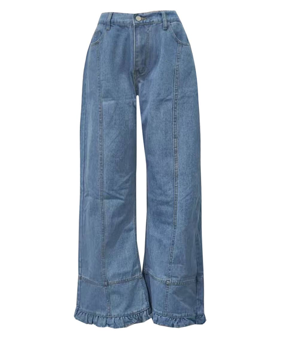 Rosa Clothing - Vintage Patchwork Seam Ruffle Hem Baggy Wide Leg Jeans: A / M
