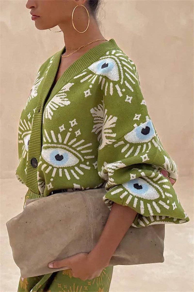 Mccolin - Eye Pattern Button-Front Cardigan: GREEN / XL