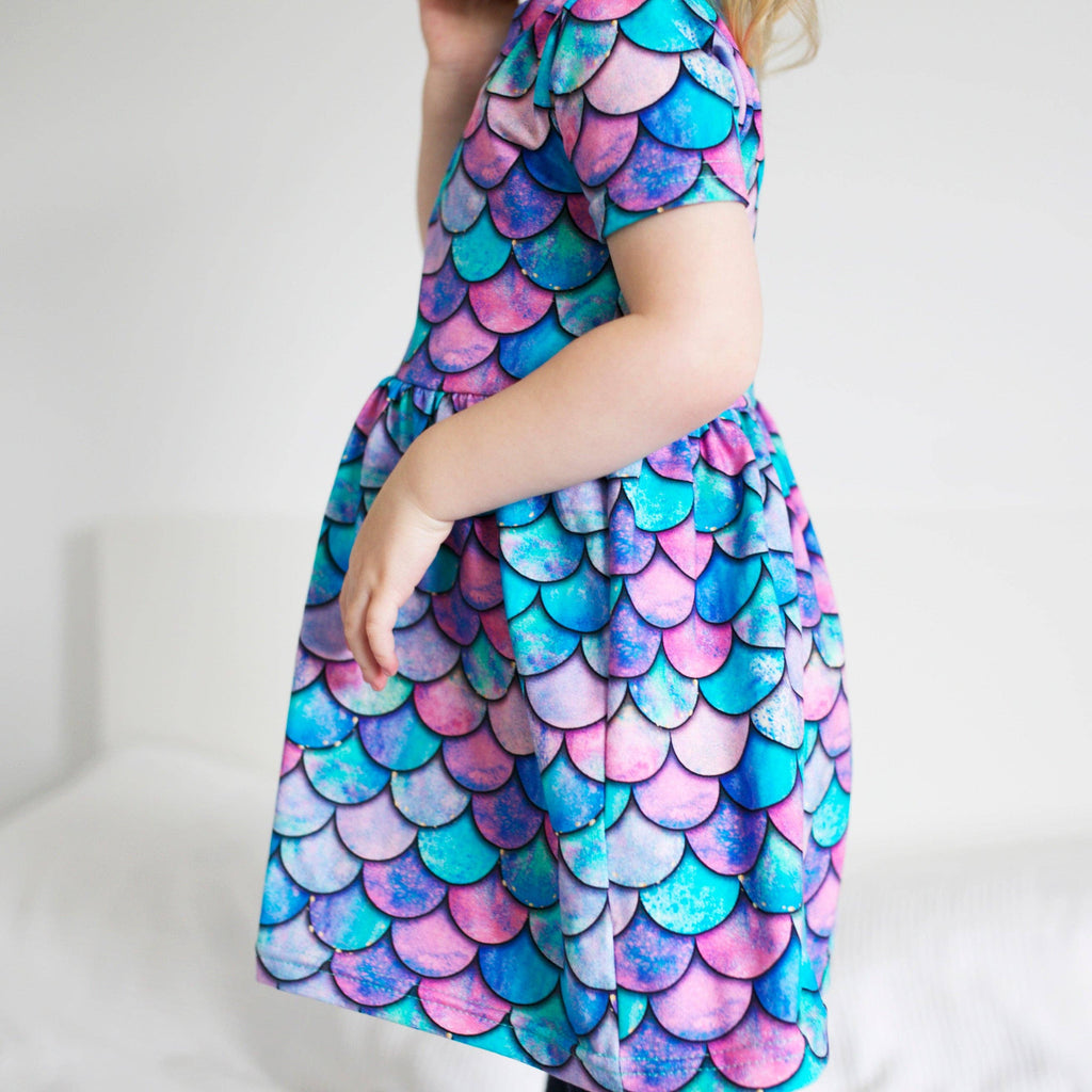 Girls Short Sleeve Cotton Dress - Mermaid Print: 2-3 Y
