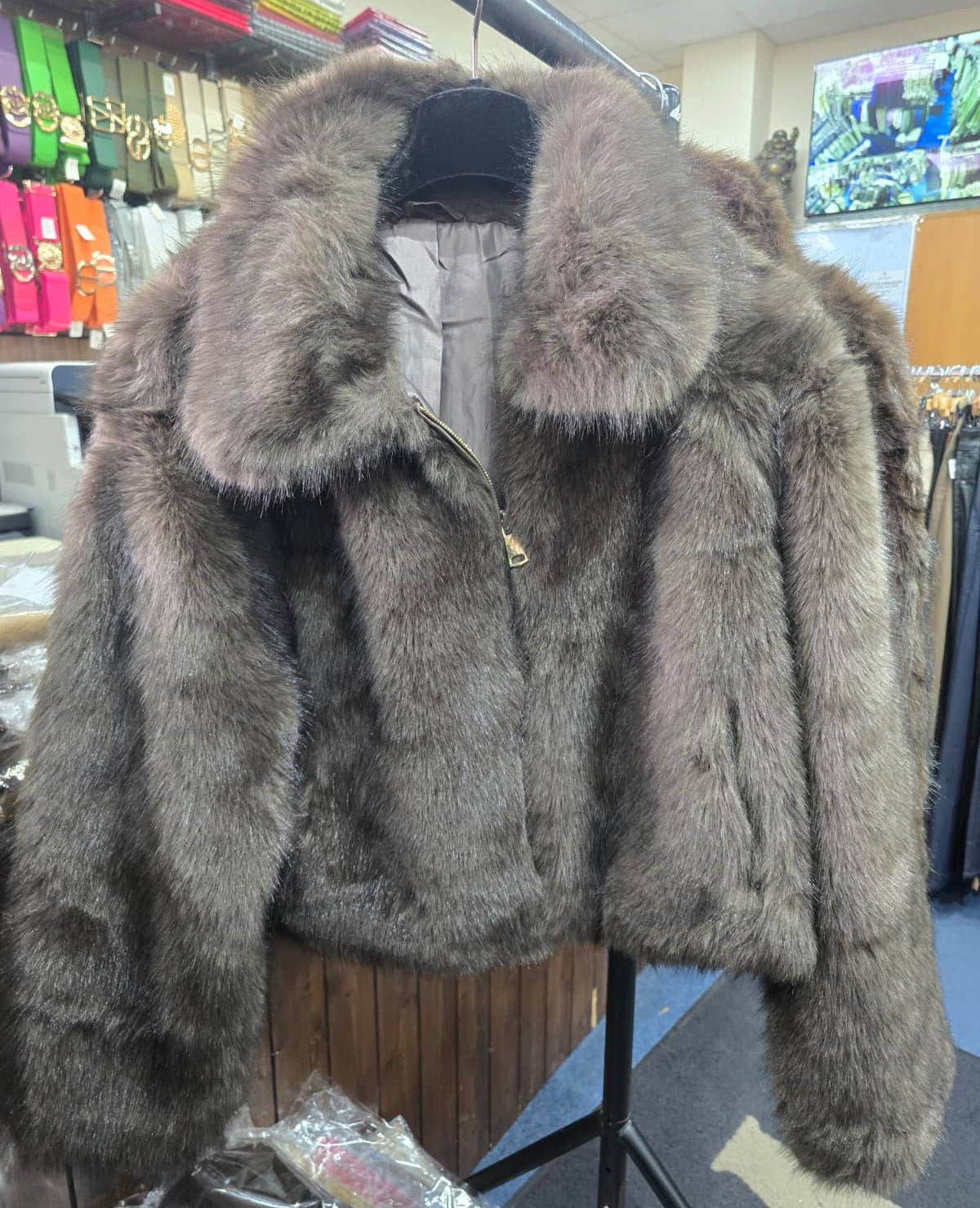 Kurt Muller - Luxury Faux Fur Gold Zip Coat: Mocha brown