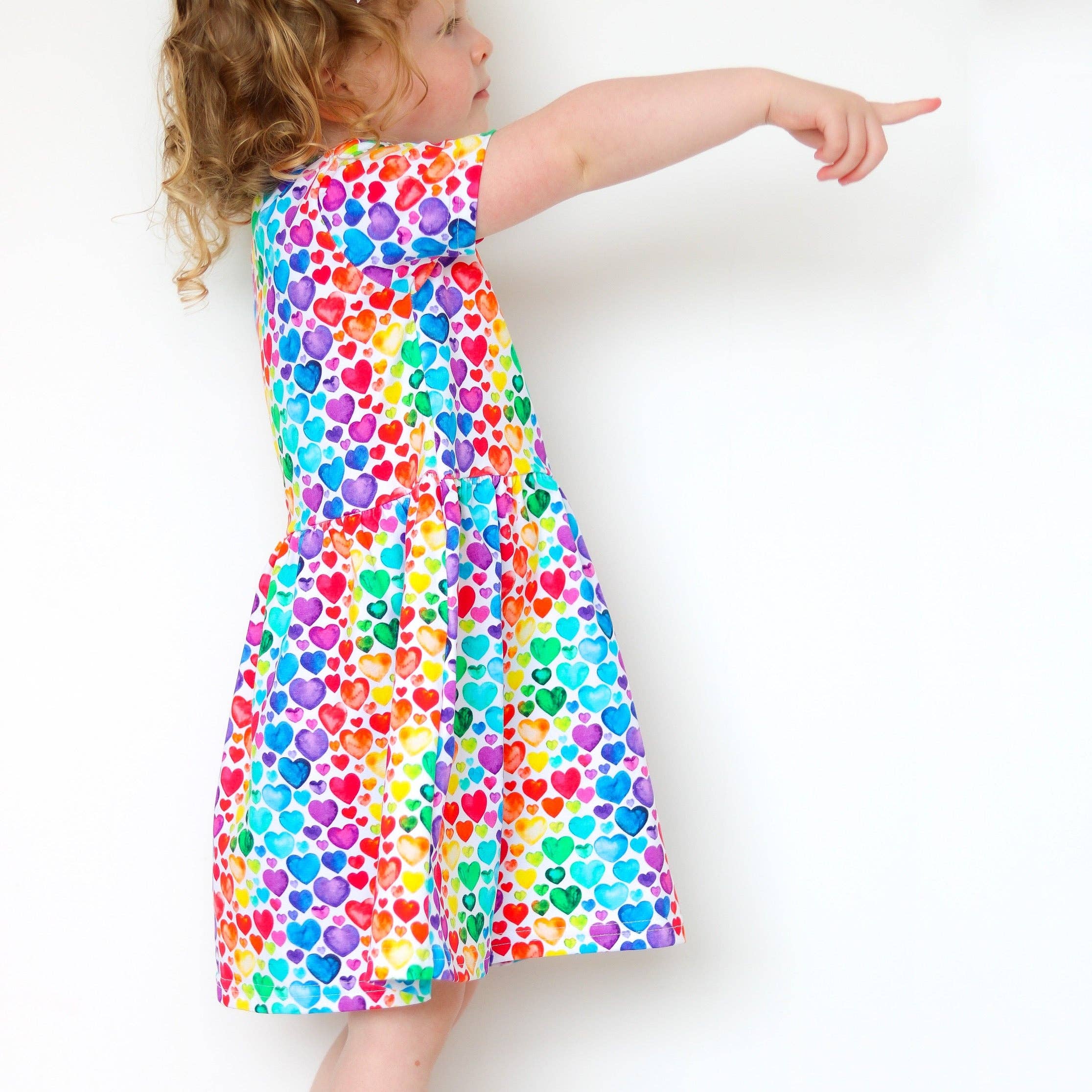 Girls Short Sleeve Cotton Dress -  Rainbow Hearts: 4-5 Y