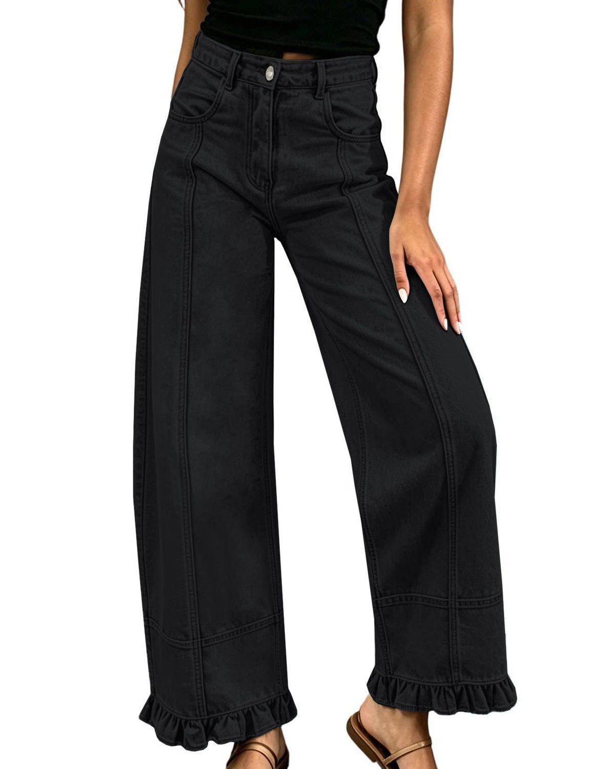 Rosa Clothing - Vintage Patchwork Seam Ruffle Hem Baggy Wide Leg Jeans: A / L