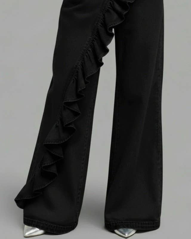 Rosa Clothing - Vintage Asymmetrical Ruffle Detail Wide Leg Jeans: Black / XL