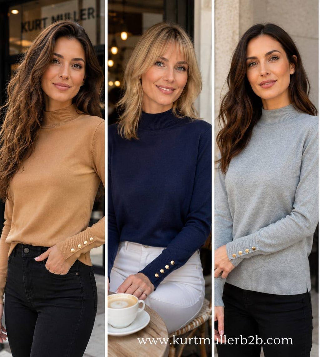Kurt Muller - Gold Button Soft Turtle Neck Fine Knit: Camel