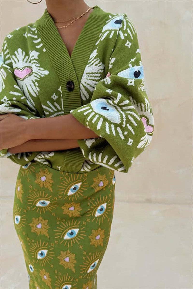 Mccolin - Eye Pattern Button-Front Cardigan: GREEN / XL