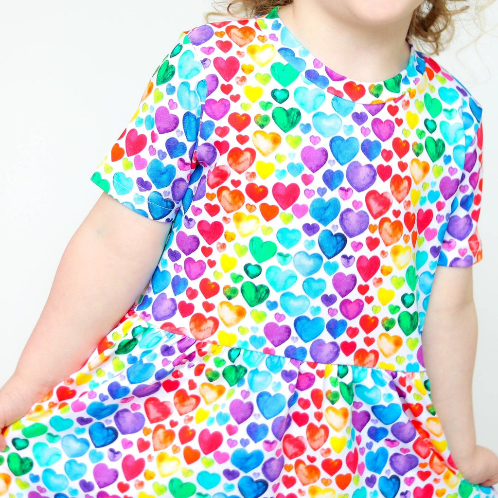 Girls Short Sleeve Cotton Dress -  Rainbow Hearts: 4-5 Y