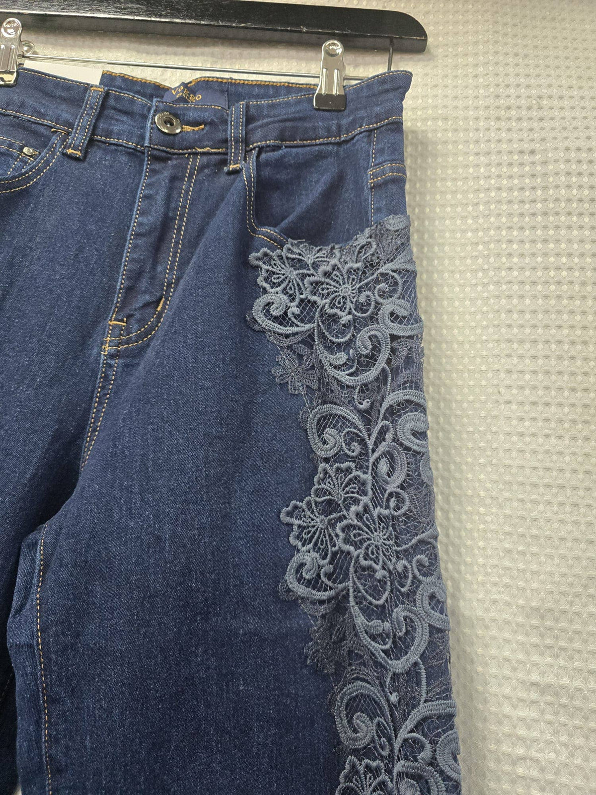 Kurt Muller - Indigo Side Lace Crochet Wide Leg Stretch Jeans