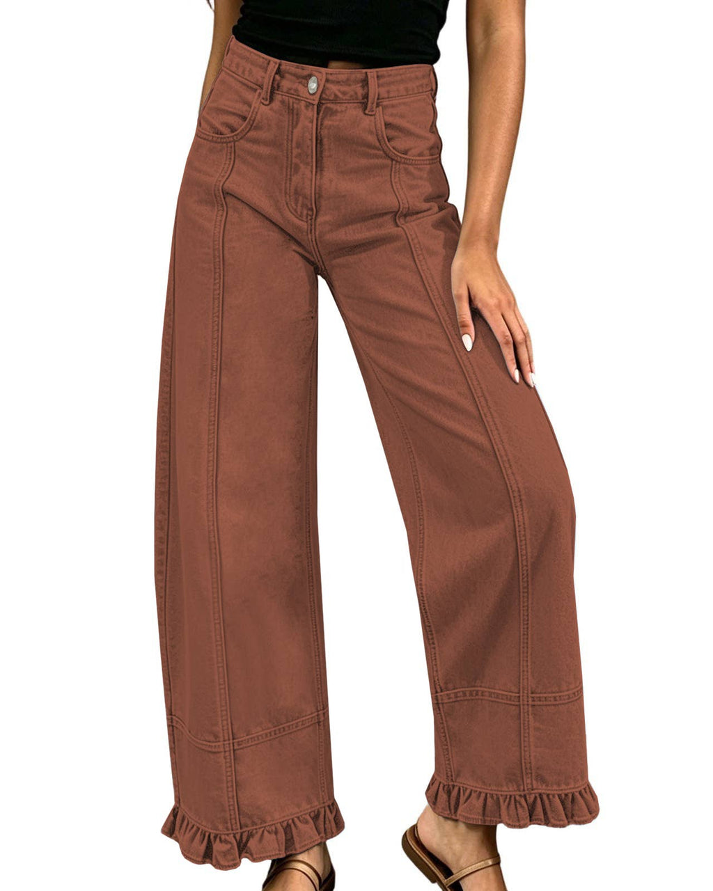 Rosa Clothing - Vintage Patchwork Seam Ruffle Hem Baggy Wide Leg Jeans: E / M