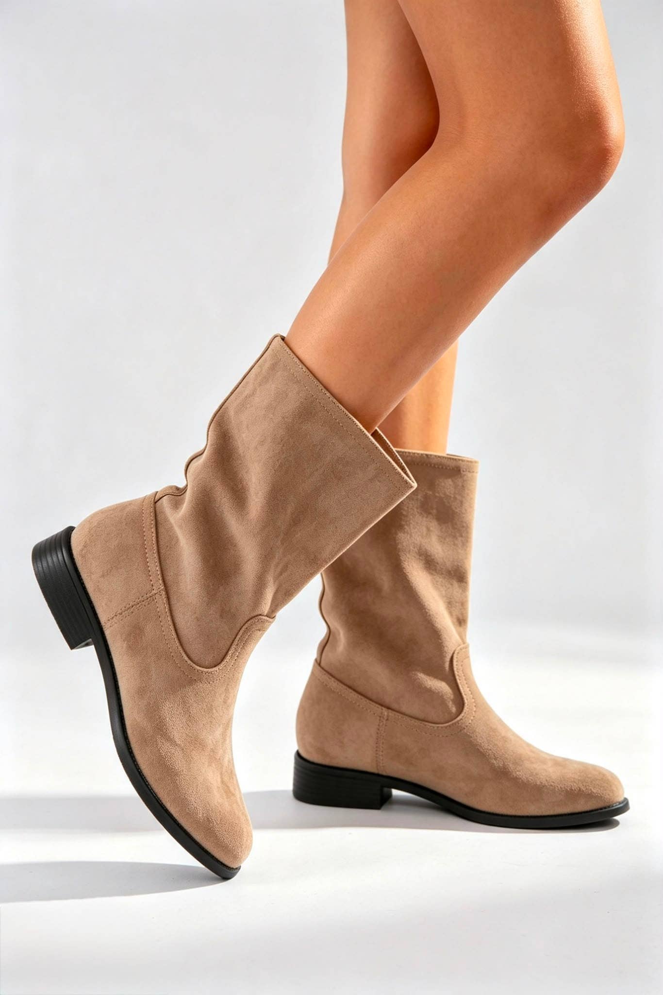 No Doubt Shoes - Designer Mid-Calf Suede Boots: KHAKI / STANDARD / UK6/US8
