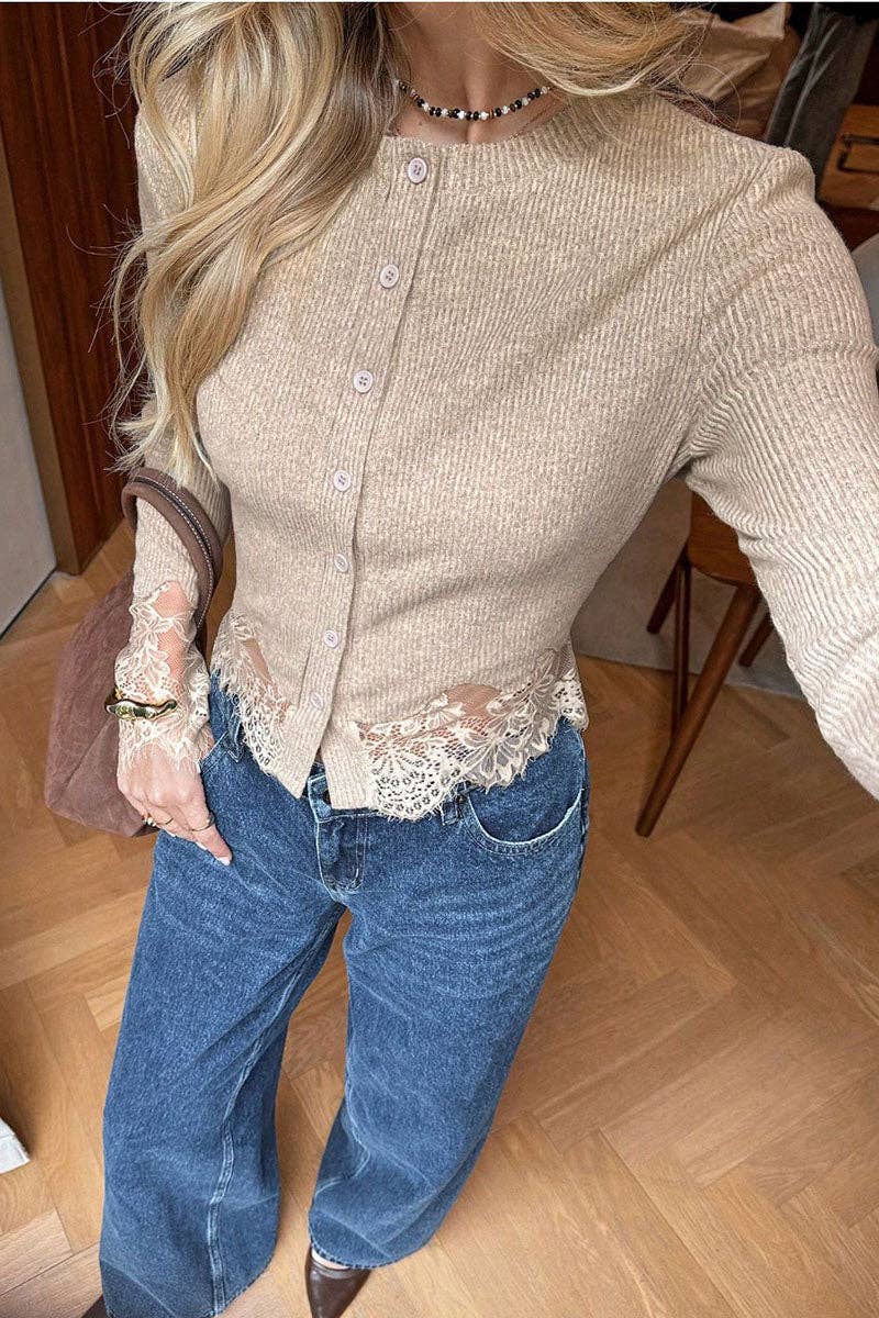 Mccolin - Ribbed Lace Trim Button-Front Cardigan: BEIGE / S