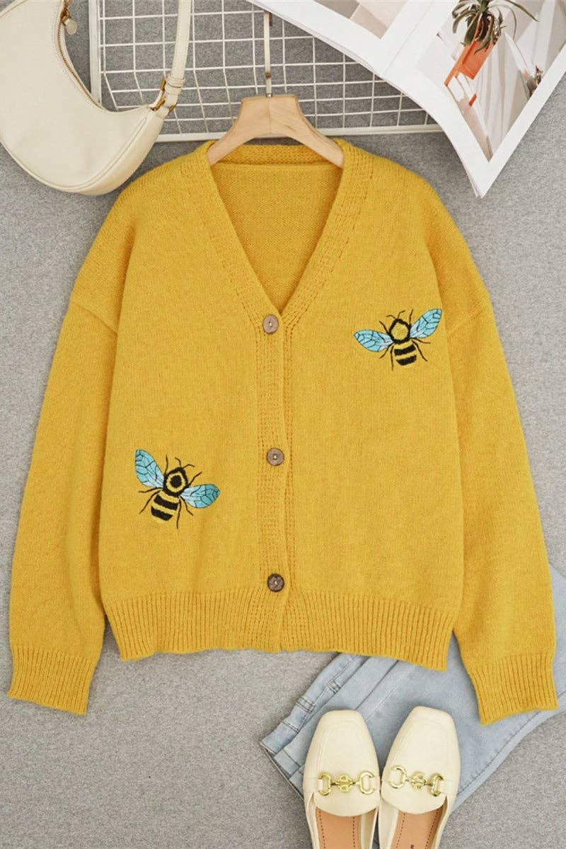 Mccolin - Bee Embellished Button-Up Cardigan: BLACK / L