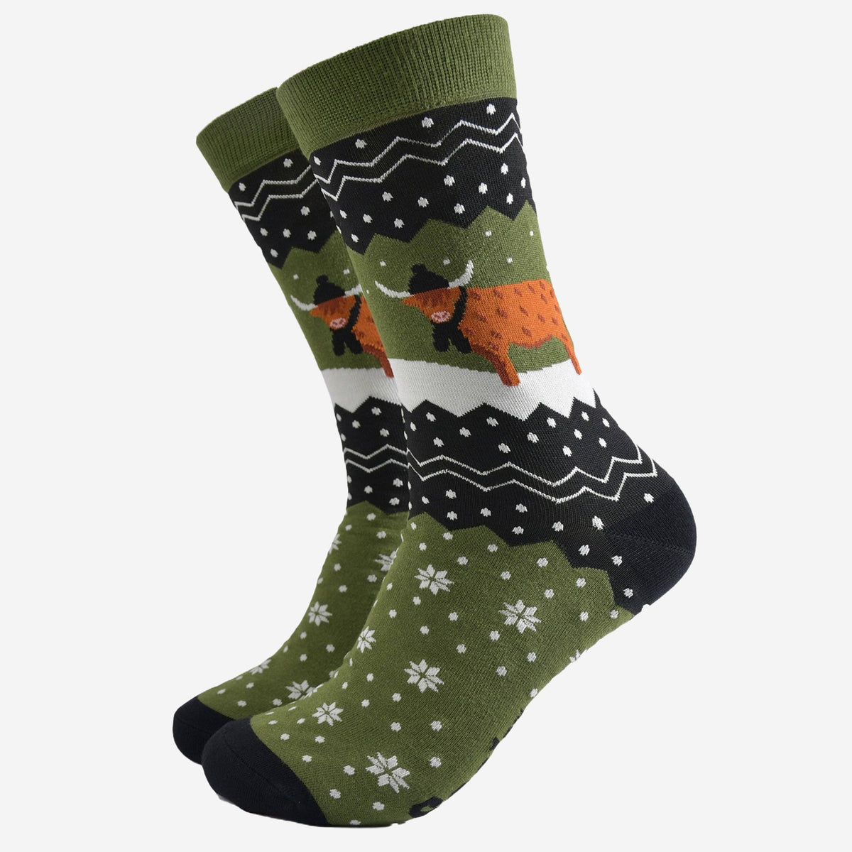 Sock Talk - Men's Bamboo Socks - Green/Black, Winter Highland Cow: UK 7-11 | EU 40.5-46 | US 8-12
