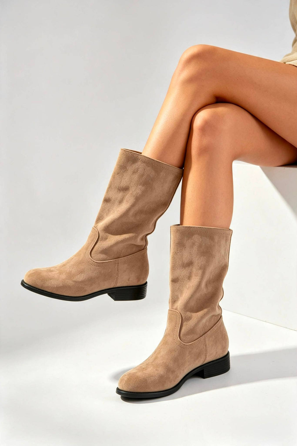 No Doubt Shoes - Designer Mid-Calf Suede Boots: KHAKI / STANDARD / UK5/US7