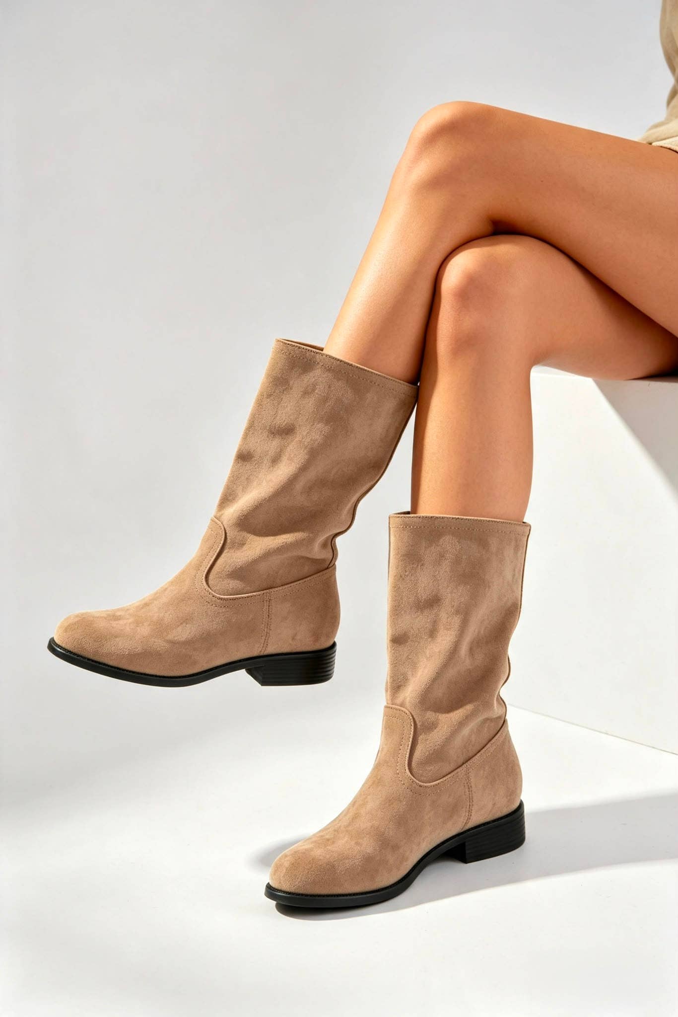 No Doubt Shoes - Designer Mid-Calf Suede Boots: KHAKI / STANDARD / UK4/US6