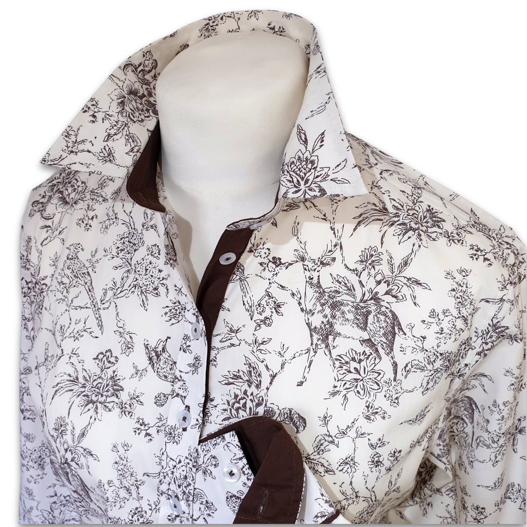 Salamander Shirts Ltd - Grenouille Brown Countryside Sketch Print Cotton Shirt: L