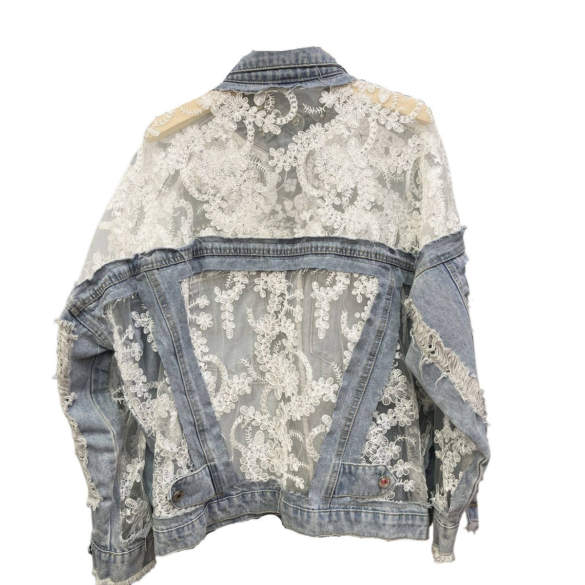 Rosa Clothing - Sheer Floral Lightweight Embroidered Lace Denim Jacket: Blue / L