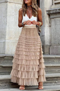 Mccolin - Layered Ruffle Maxi Skirt: KHAKI / 2XL