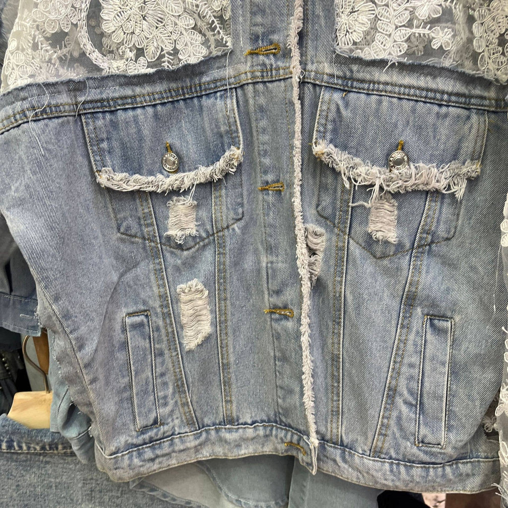 Rosa Clothing - Sheer Floral Lightweight Embroidered Lace Denim Jacket: Blue / M